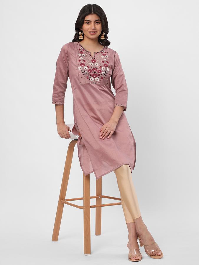 Women Poly Blend Regular Fit Round Neck Embroidered Kurta
