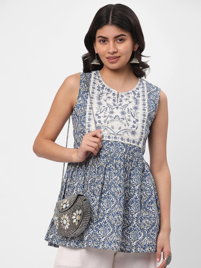 Women Cotton Relaxed Fit Round Neck Embroidered Ethnic Top