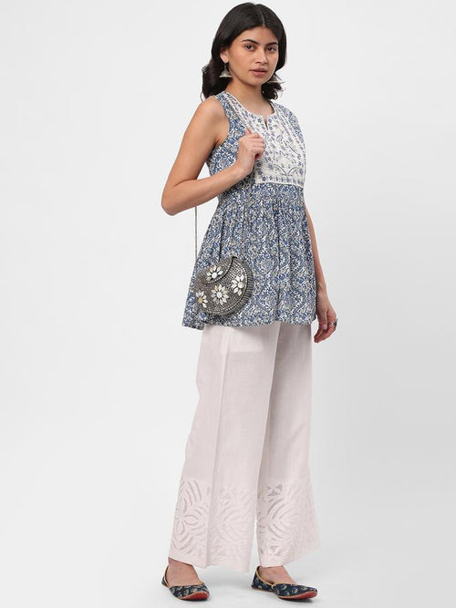 Women Cotton Relaxed Fit Round Neck Embroidered Ethnic Top