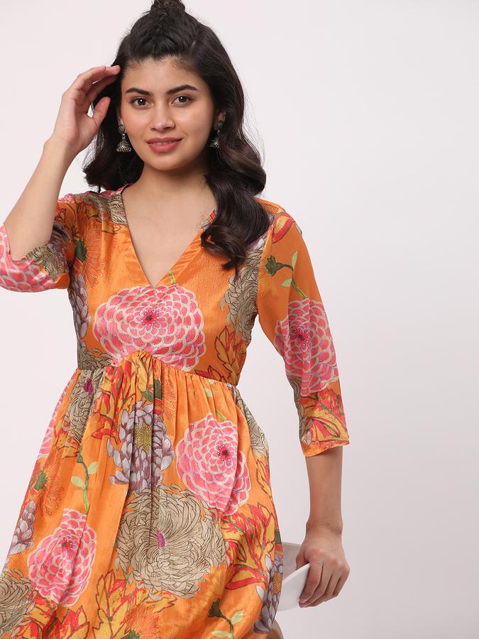 Women Poly Blend Regular Fit V Neck Printed Kurta